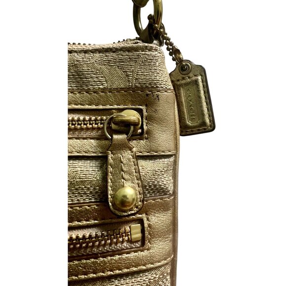 Coach Signature Stripe Metallic Crossbody Bag Gold Jacquard Lime Lining - Picture 14 of 16